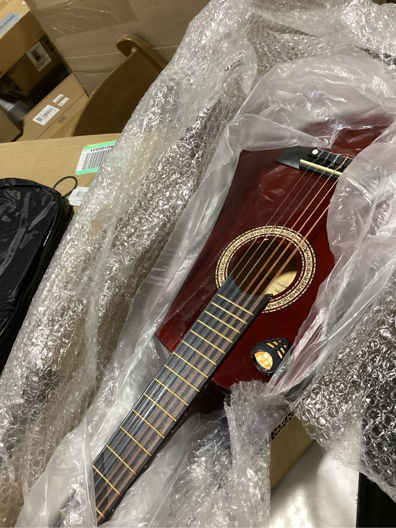 Condition photo showing Good Condition for 30in beginner kids acoustic guitar basic starter kit tuner capo strings winders strap picks student youth toddler guitar pickguard with gig bag brown 30in red brown