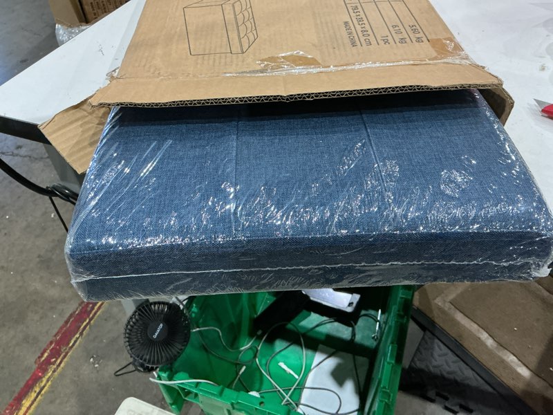 Condition photo showing Good Condition for songmics mazie collection - 30 inches folding storage ottoman bench, ottoman foot rest, end of bed bench, storage chest, load 660 lb, for living room, bedroom, entryway, midnight blue ulsf47in midnight blue 15"d x 30"w x 15"h