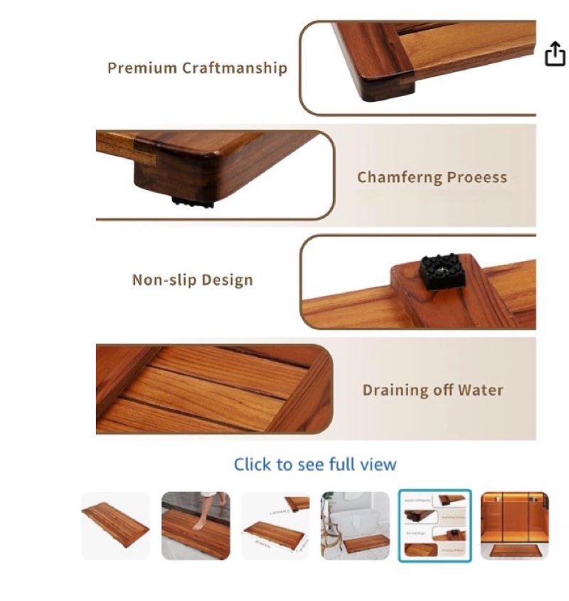 utoplike teak bath mat, shower mat wood for bathroom, (40"x18") wooden floor mat extra large for spa home or outdoor