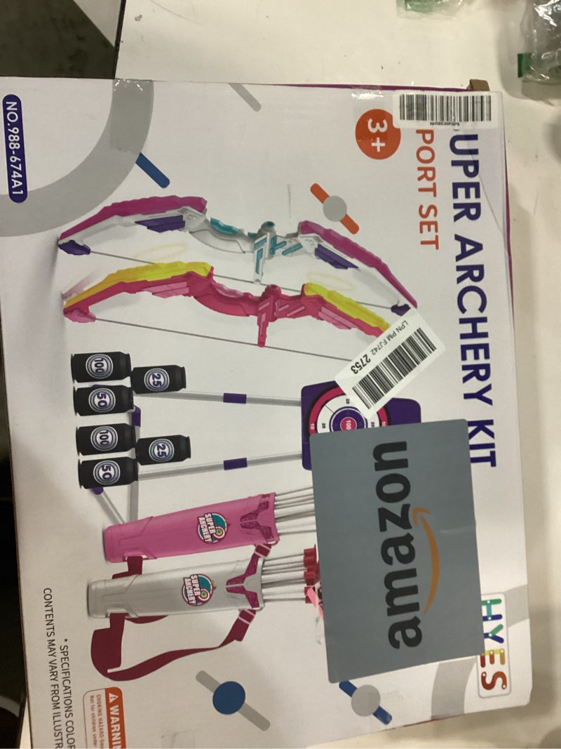 Condition photo showing New/Like New for HYES 2 Pack Bow and Arrow for Kids 4-6, LED Light Up Archery Set with 24 Suction Cup Arrows, 1 Standing Target, 6 Score Targets & 2 Quiver, Indoor Outdoor Sport for Girls Ages 8-12 Standing-Purple+Yellow
