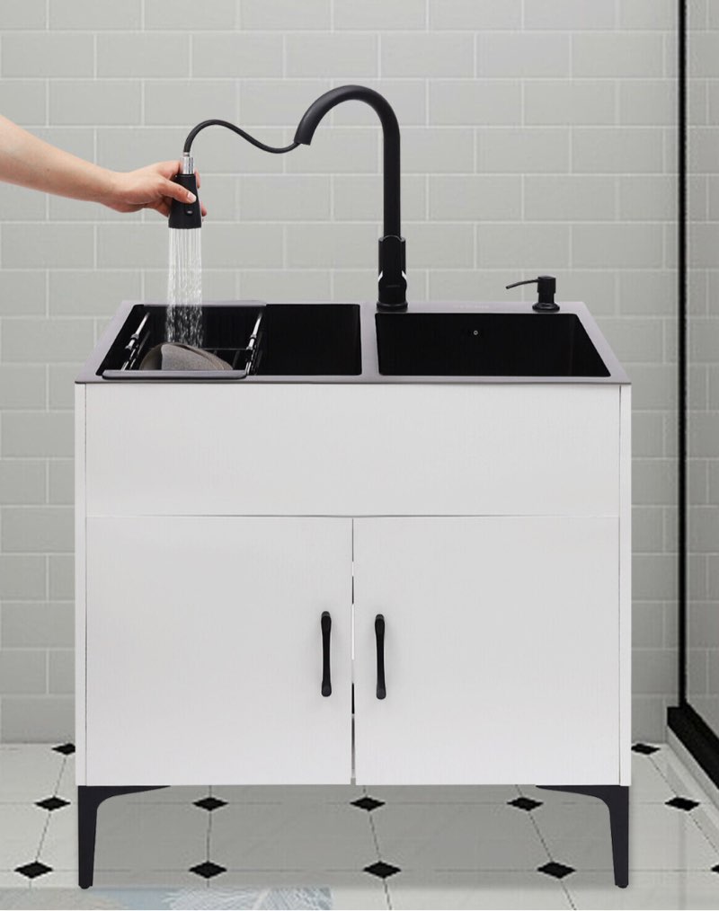 Pull-Out Sprayer Faucet Utility Sink & Stainless Steel Laundry Sink with Cabinet (missing parts)