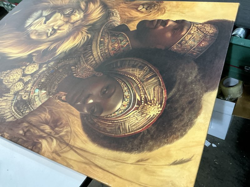 Condition photo showing Good Condition for HJL Art African Queen and King Canvas Wall Art African American Wall Art Prints African Grassland Tribes Lions Painting Artwork Picture for Living Room Bedroom Office Home Decor (28''W x 44''H) 28"L x 44"W African 1P-1