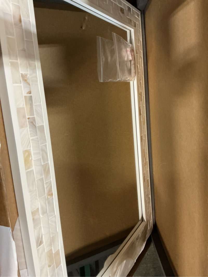 Condition photo showing Good Condition for white framed bathroom mirrors for wall, 20x28 inch mother of pearl inlay mirrors with tempered glass for bathroom bedroom or living room (horizontal/vertical hanging) white 28"l x 20"w