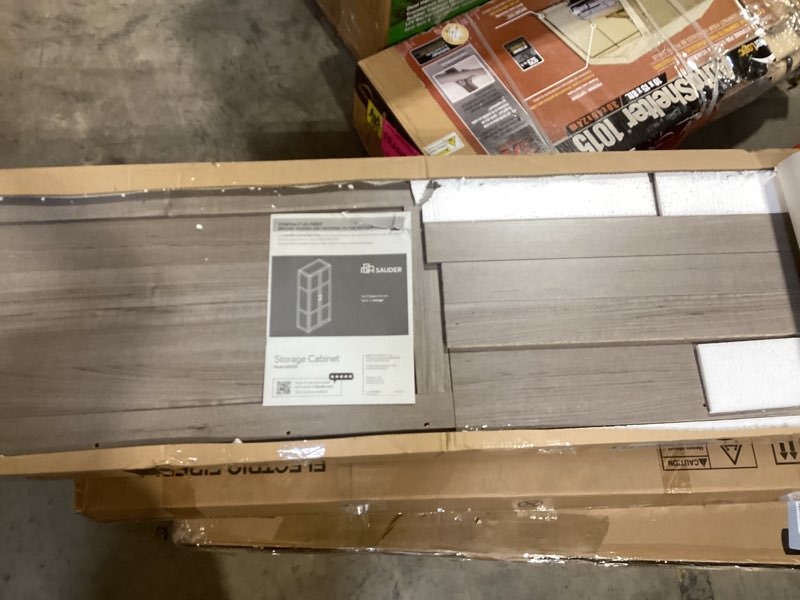 Condition photo showing Good Condition for Sauder Select Storage Cabinet, Pantry Cabinet Kitchen Storage with Adjustable Shelves, Bathroom Storage Cabinet, in Silver Sycamore