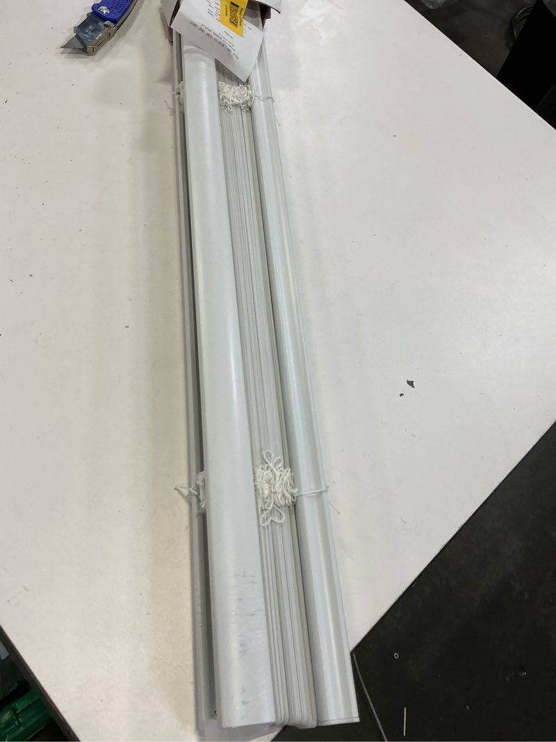 Condition photo showing As Is for project source light filtering 1-in slat width 39-in x 64-in cordless white vinyl light filtering mini-blinds