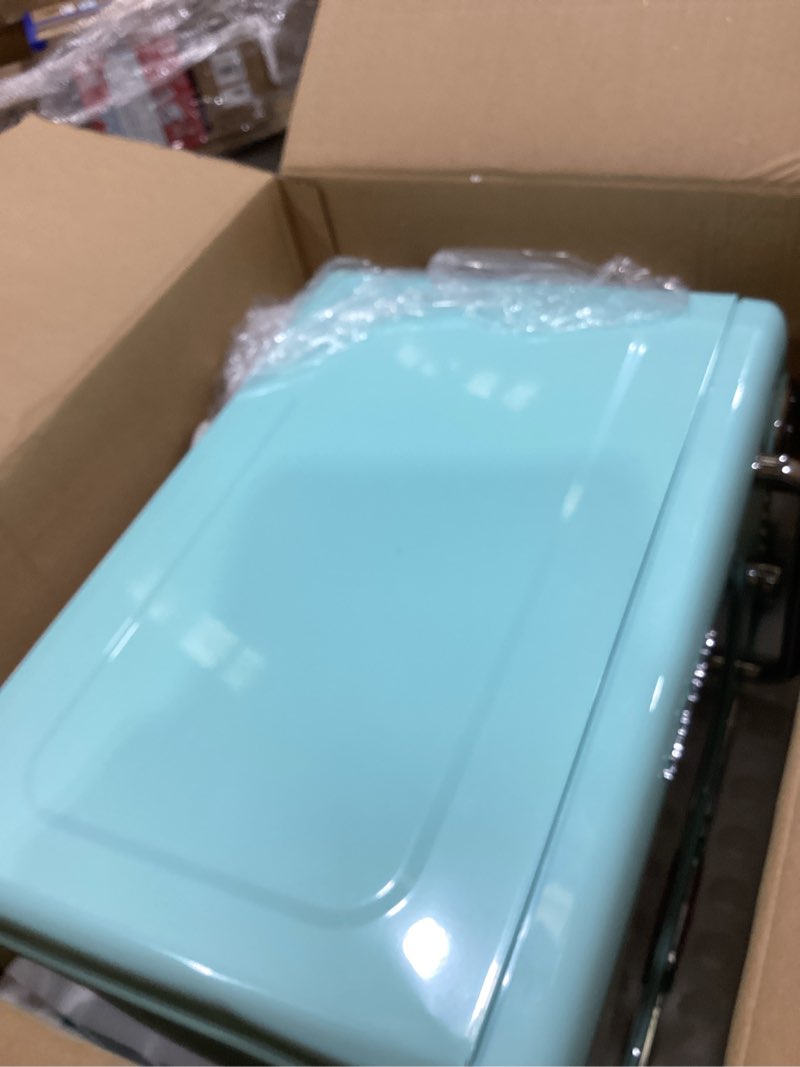 Condition photo showing As Is for nostalgia countertop microwave oven with easy clean interior - retro microwave with led display & child lock- compact 0.7 cu. ft. oven with 12 pre-programmed settings for quick cooking- 700-watts-aqua retro classic 0.7 cu. ft. aqua