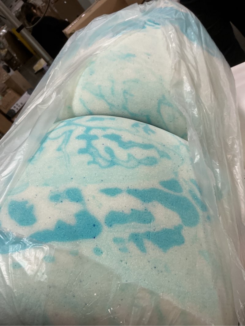 Condition photo showing As Is for 2 Inch 5-Zone Queen Memory Foam Mattress Topper, Gel Infused Foam Mattress Topper for Pressure Relief, CertiPUR-US Certified Queen Bed Topper,Blue, 60"×80" 2 Inch Queen