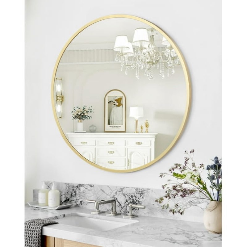  Round Mirror, 32 inch Circle Mirror, Gold Metal Frame Round Mirror for Wall, Round Bathroom Mirror for Wall Decor, Round Wall Mirror for Entryway, Bedroom, Vanity, Easy to Install
