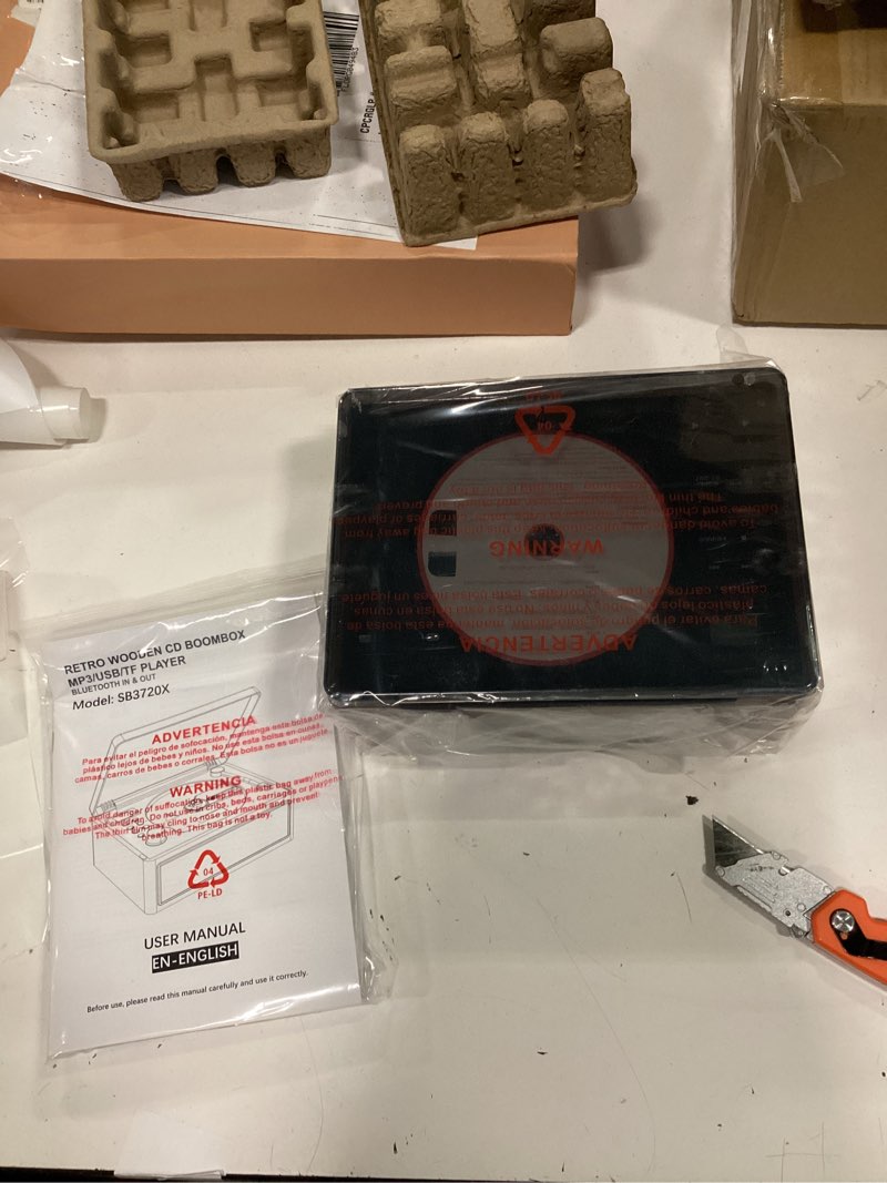 Condition photo showing New/Like New for g keni retro cd player with bluetooth in/out, portable cd player with dual hifi stereo speakers, vintage music player with rechargeable battery, fm radio, usb, aux, cd-r/rw compatible, brown 2408 retro cd player