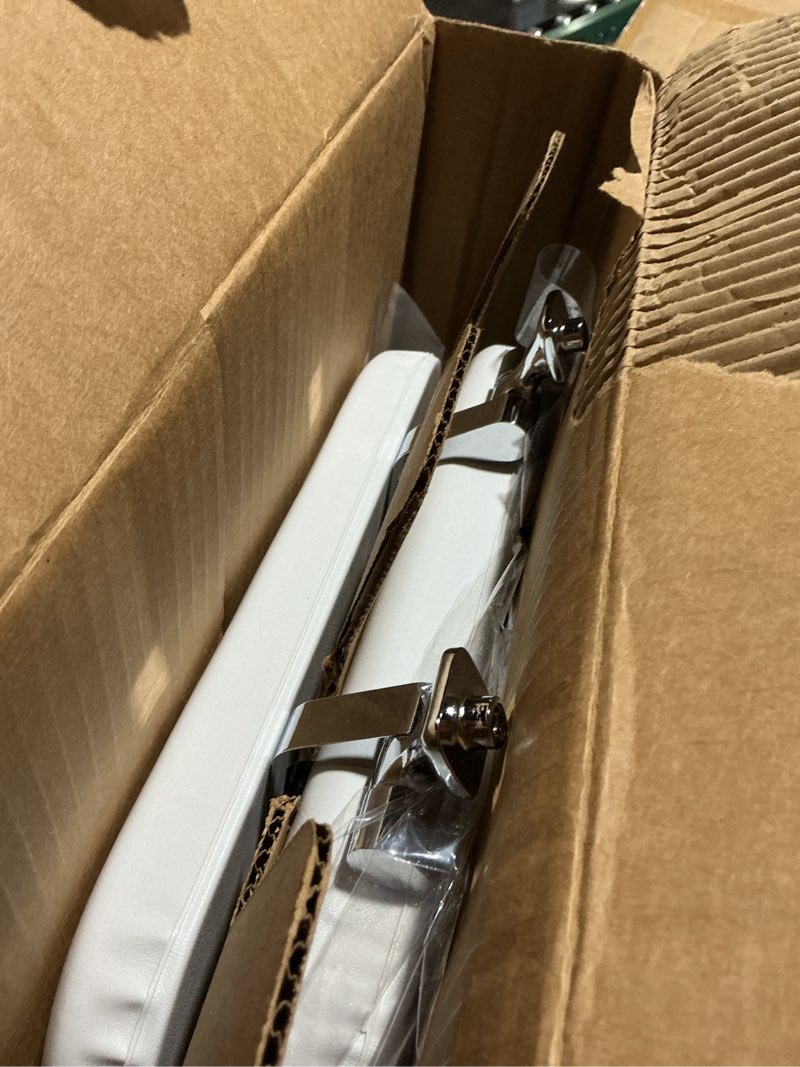 Condition photo showing As Is for mayfair padded toilet seat with chrome hinges, soft vinyl over wood core seat, made in usa, elongated, white