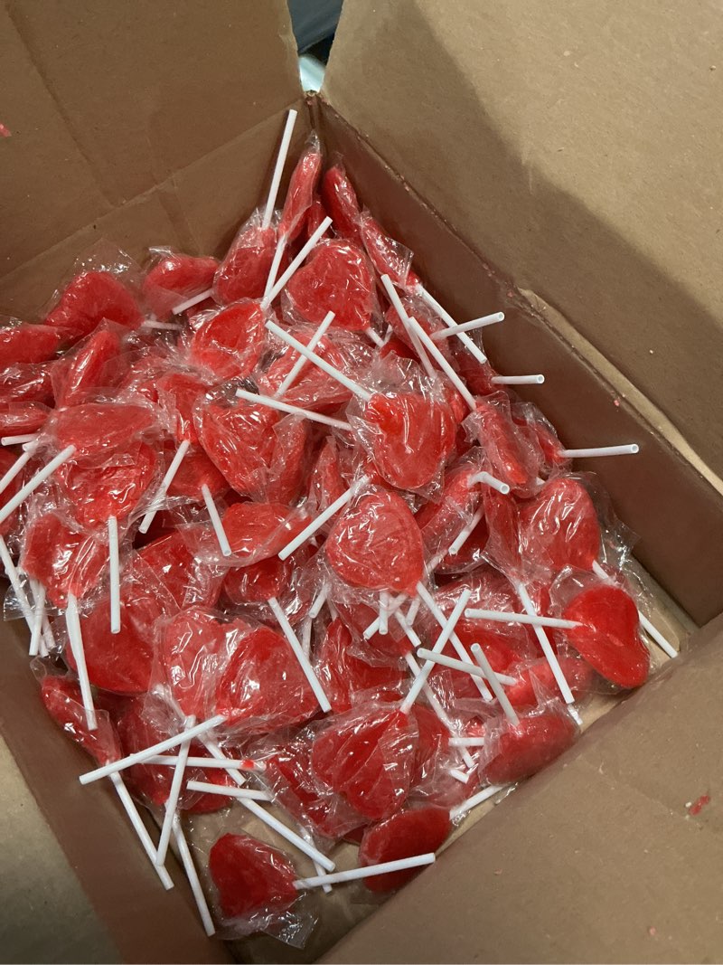 Condition photo showing New/Like New for (best by :2027/06/08) fruidles red double heart lollipops, 5 pounds (bulk) double heart shaped flavored, individually wrapped 18 gram lollipop red double heart 5 pounds (bulk)