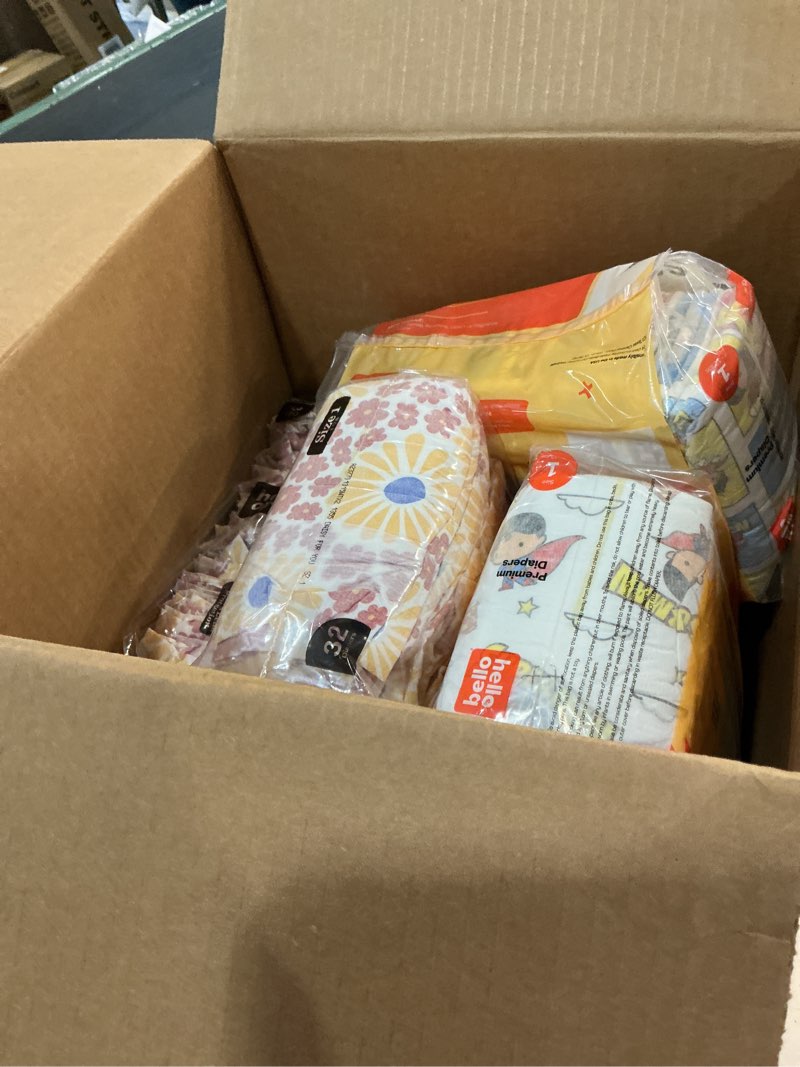 Condition photo showing As Is for hello bello premium diapers, size 1 (8-12 lbs) surprise pack for girls - 128 count, hypoallergenic with soft, cloth-like feel - assorted girl & gender neutral patterns girl/neutral (assorted style) size 1