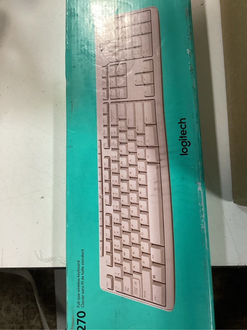 Condition photo showing As Is for logitech k270 wireless keyboard for windows, 2.4 ghz wireless, full-size, number pad, 8 multimedia keys, 2-year battery life, compatible with pc, laptop - rose rose 1 pack keyboard