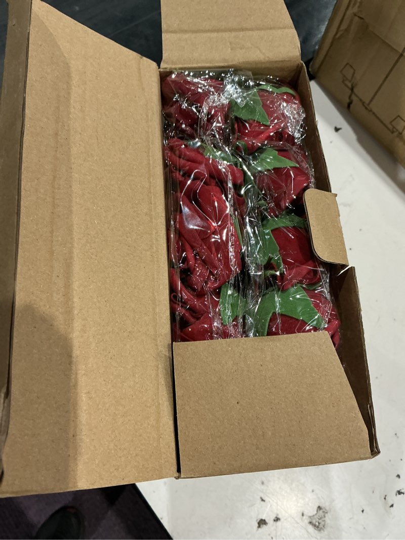 Condition photo showing New/Like New for amyhomie artificial flowers dark red rose 50pcs real looking fake roses w/stem for diy wedding bouquets centerpieces arrangements party baby shower valentines day christmas tree decorations dark red 50