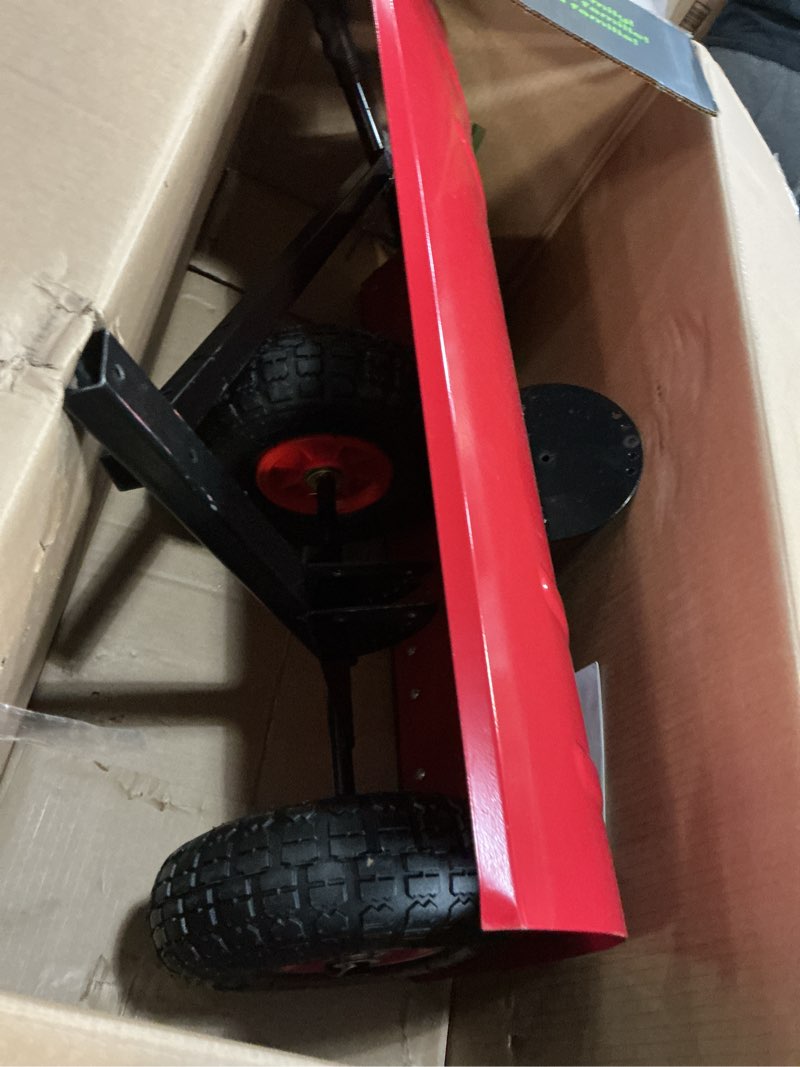 Condition photo showing Good Condition for 29x16.5 in Snow Shovel with 5-Position Angled Blade & Adjustable Handle, Heavy Duty Metal Snow Pusher Shovel with Wheels for Driveway, Doorway, Sidewalk, Pavement, Red & Black