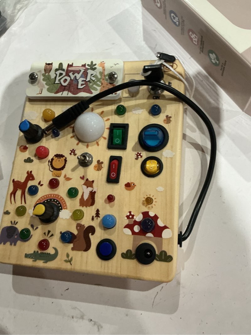 Condition photo showing Good Condition for joyreal wooden busy board with led light, montessori toddler toys, wooden sensory board, toddlers activity travel toys for boy & girl birthday gift (forest theme) forest theme busy board