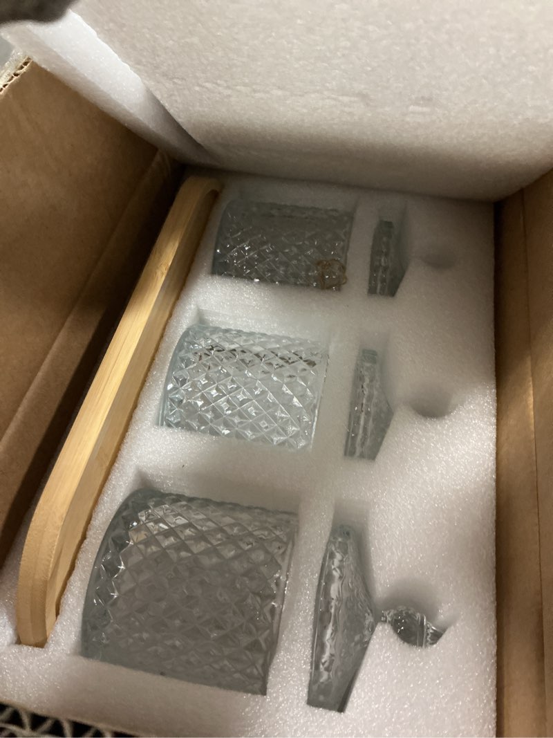 Condition photo showing Good Condition for 3 pack glass qtip holder dispenser with tray and tag, apothecary jars with lid, bathroom canisters for storage organizer for cotton swabs, balls, pads, floss picks, candy, jewelry (clear, 10oz × 3) clear 10oz × 3