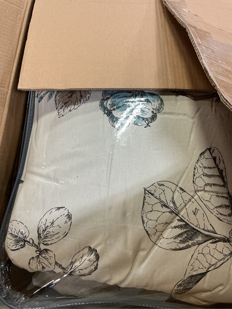 Condition photo showing New/Like New for Madison Park Quincy Cozy Comforter Nature Scenery Design - All Season Bedding, Matching Bed Skirt, Decorative Pillows, Quincy, Leaf & Bird Khaki Queen(90"x90") 7 Piece
