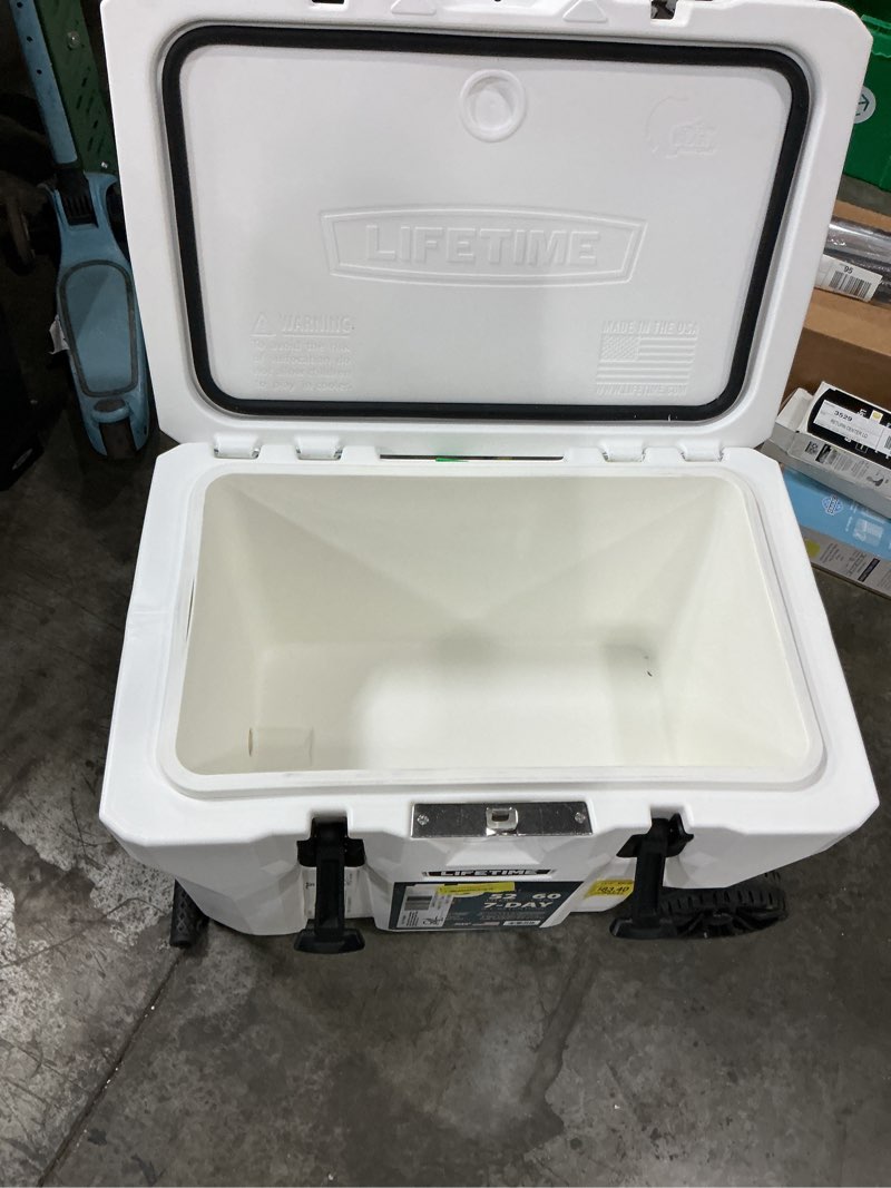 Condition photo showing As Is for lifetime 55 quart high performance wheeled cooler, arctic white (91072)