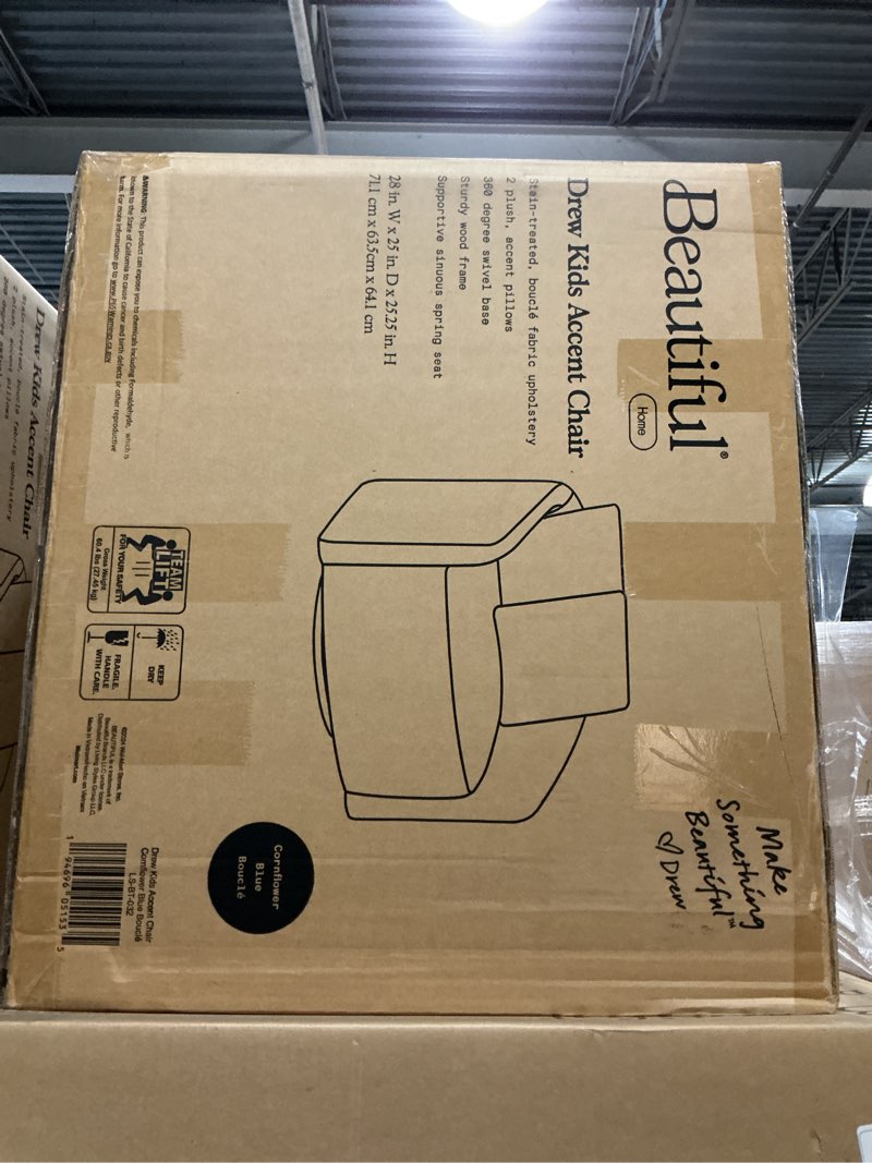 Condition photo showing New/Like New for beautiful drew kids accent chair by drew barrymore, cornflower blue bouclé fabric