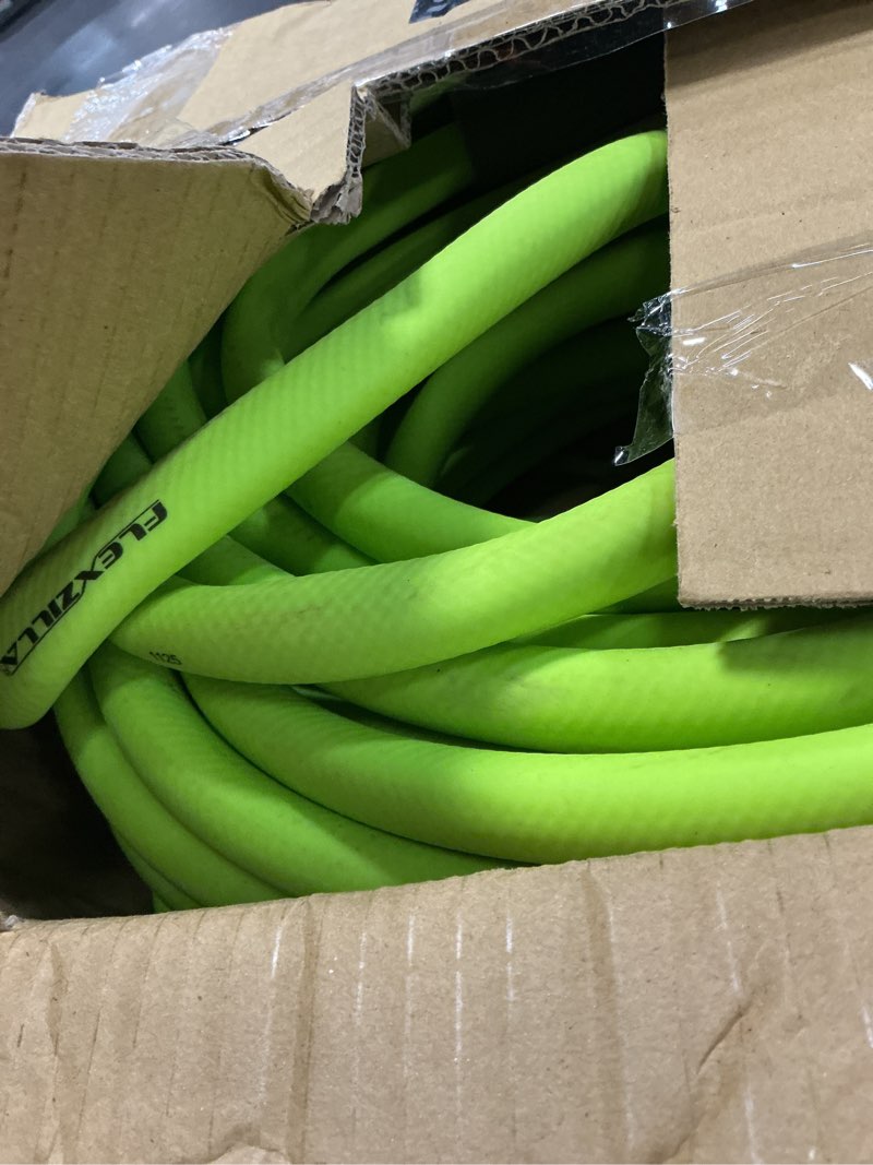 Condition photo showing As Is for flexzilla garden hose with swivelgrip, 5/8 in. x 100 ft., lightweight all-weather water hose, durable and flexible, leak-free connections swivelgrip 100ft chartreuse