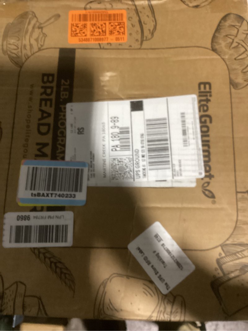 Condition photo showing New/Like New for elite gourmet programmable bread maker, 2 lb loaf, 3 sizes, 19 presets incl. gluten-free, dough & jam, delay timer, mint