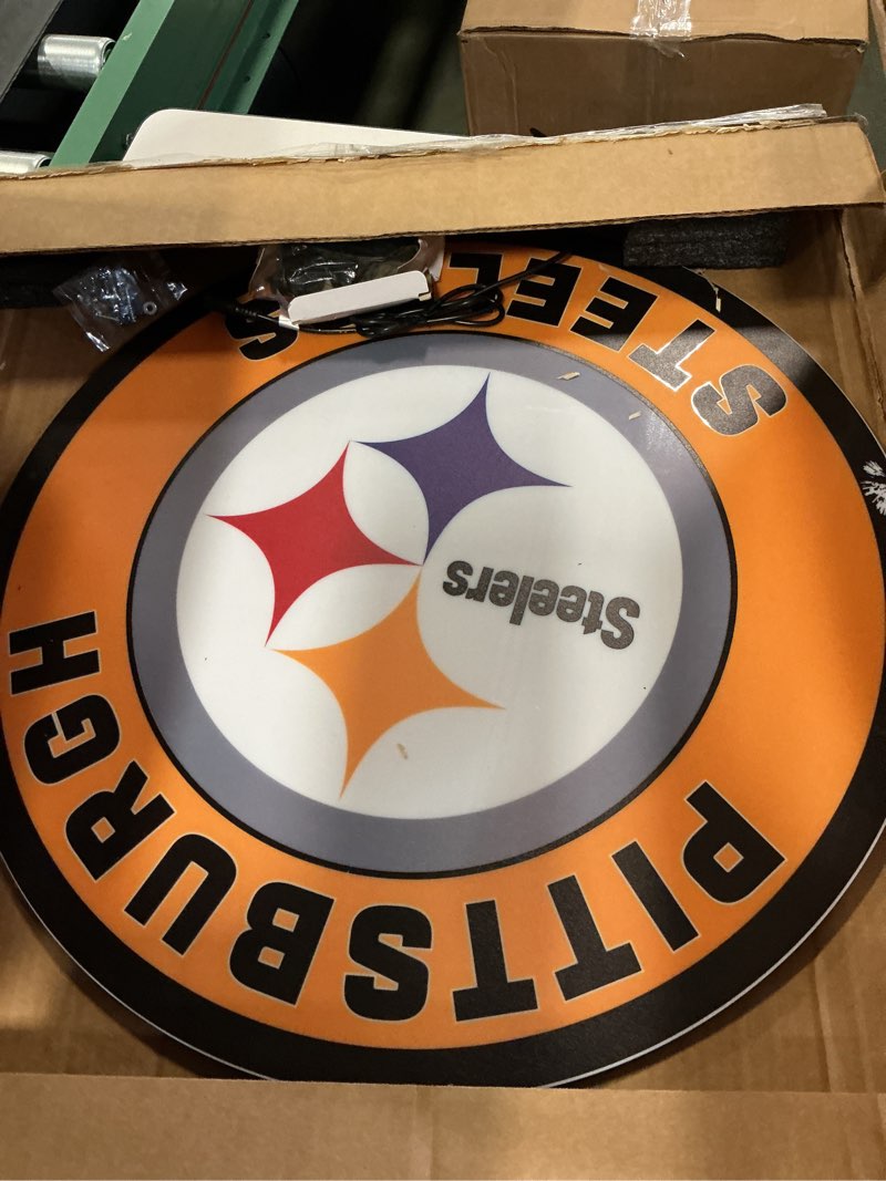 Condition photo showing As Is for Team Sports America Evergreen NFL Pittsburgh Steelers | Ultra-Thin LED Light Wall Sign Decor | 23 Inch Round | Made in the USA Pittsburgh Steelers Round-23"