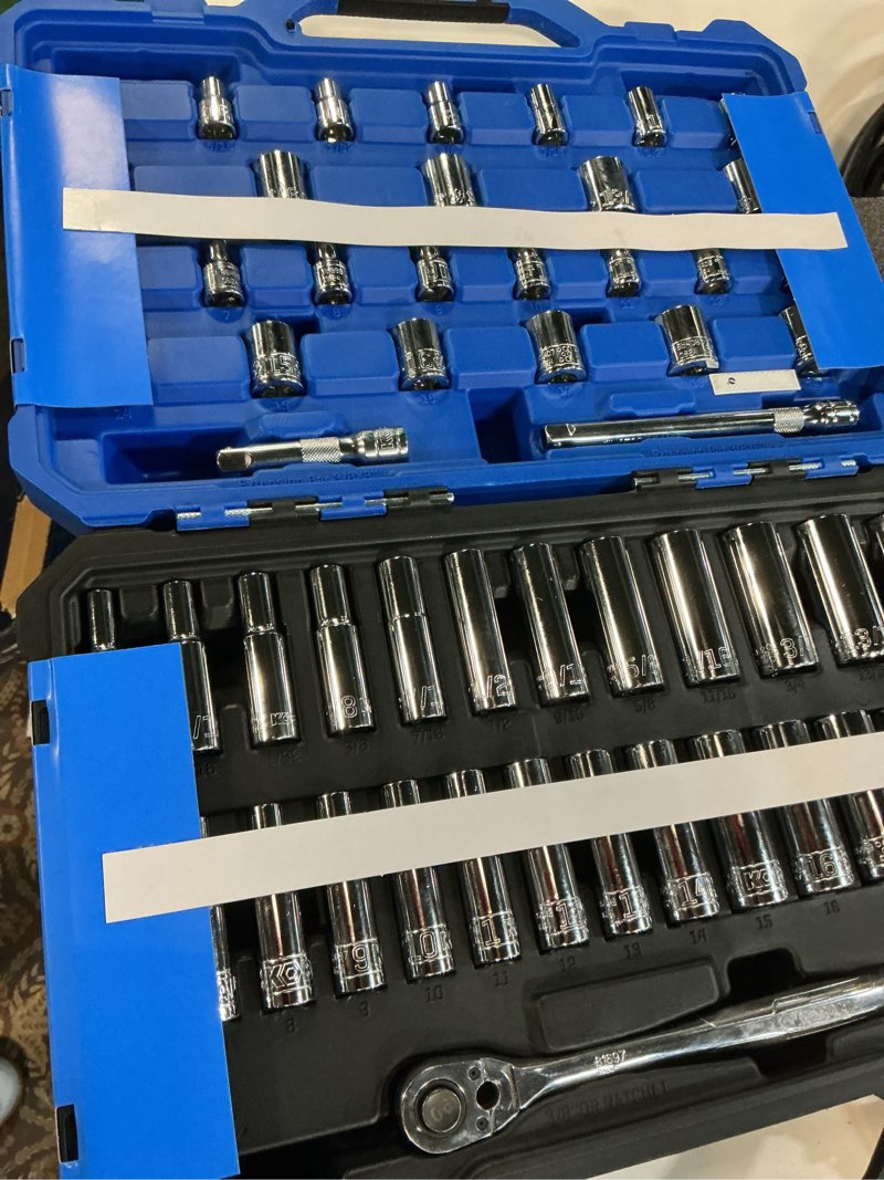 Condition photo showing New/Like New for kobalt 55-piece standard (sae) and metric polished chrome mechanics tool set with hard case