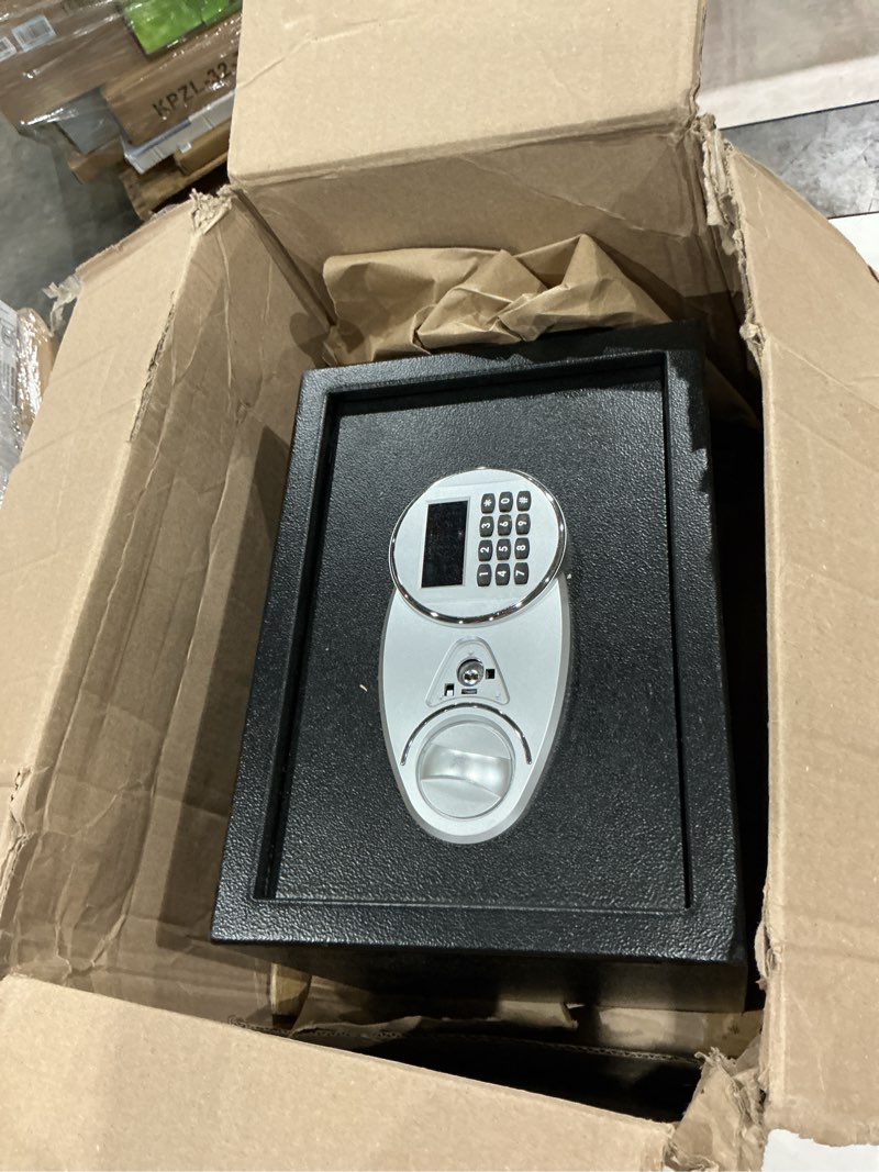 Condition photo showing As Is for amazon basics steel security safe and lock box with electronic keypad, easy to use, secure cash, jewelry, documents, black, 1.2 cubic feet, 16.9-x-14.6-x-10.6-inches (wxdxh)