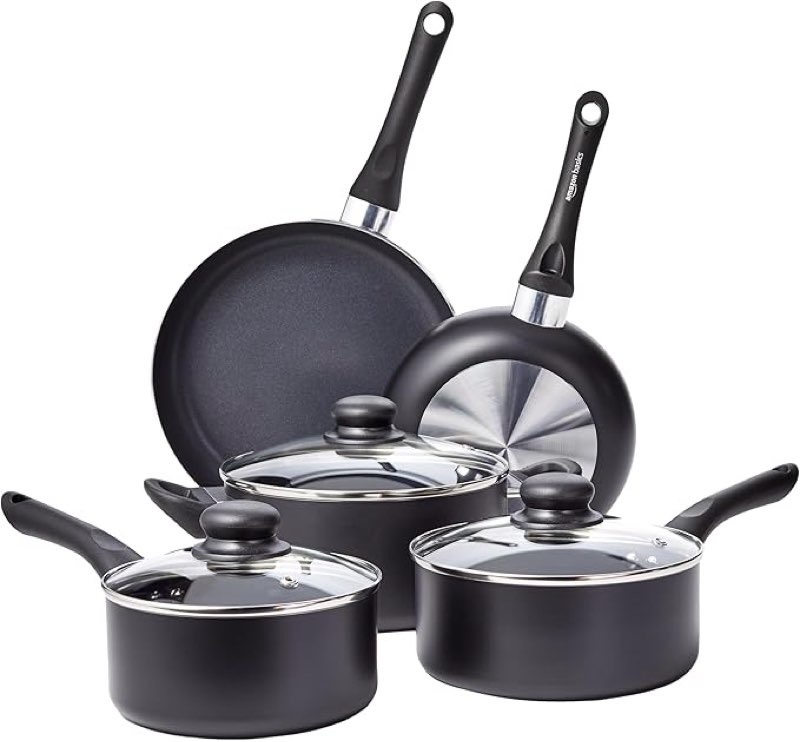 Amazon Basics - Juego de utensilios de cocina antiadherentes 8 piezas, sin inducción, incluye ollas y sartenes, color negro 