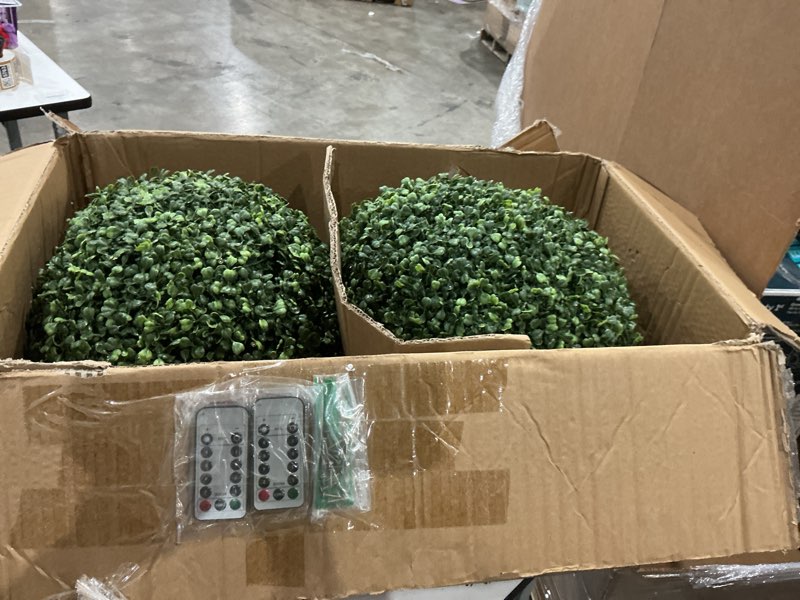 Condition photo showing As Is for 16 in pre-lit faux boxwood balls with sturdy pot base,artificial topiary trees 2 pack for outdoor,uv resistant & waterproof fake greenery plants ball tree for front porch garden home decor,white