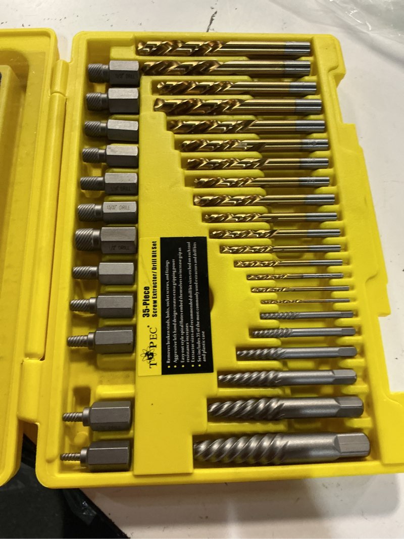Condition photo showing Good Condition for topec 35-piece screw extractor and left hand drill bits set, easy out screw extractor set with reverse drill bits, multi-spline extractors for removing broken bolts and stripped screws 35 piece