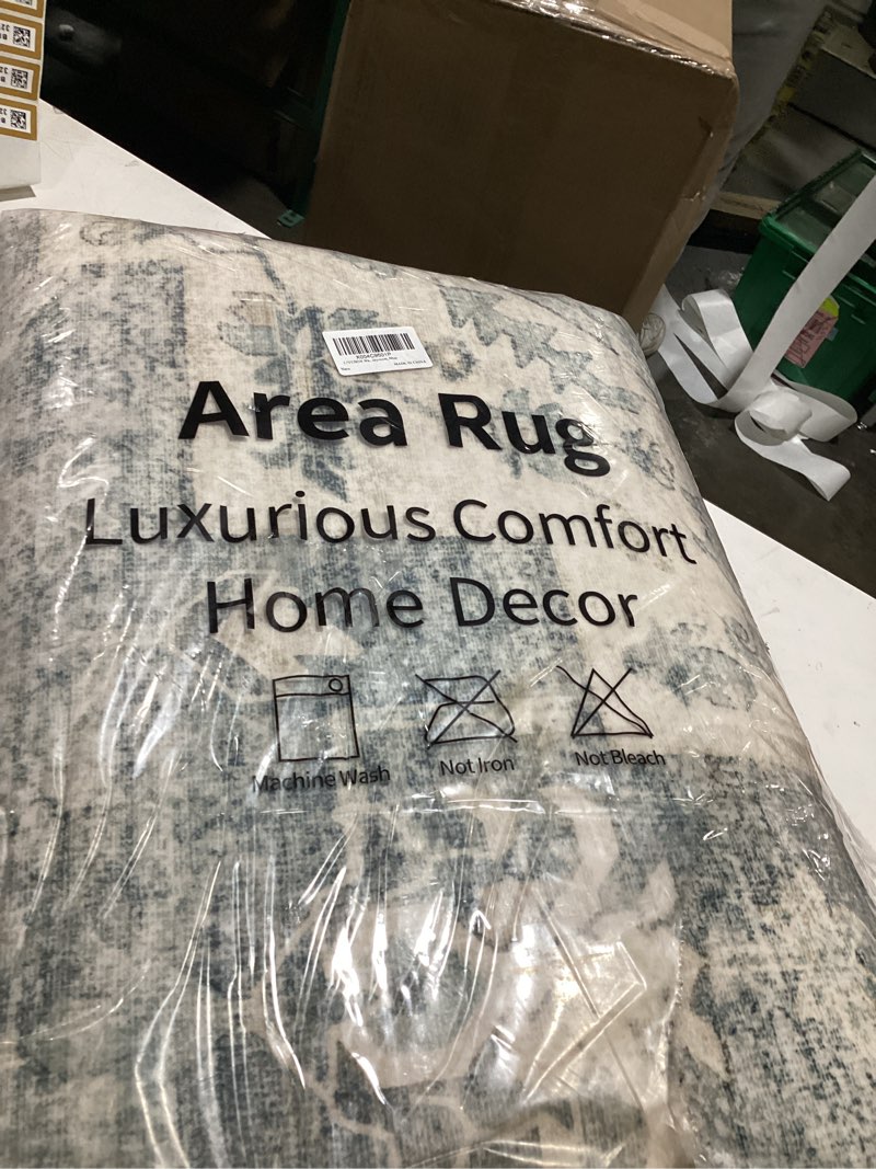 Condition photo showing As Is for livebox washable area rug 8x10 rugs for living room bedroom, non-slip boho indoor carpet for dining room office, low-pile farmhouse soft carpets for kids nursery room playroom, blue 8'x10' blue