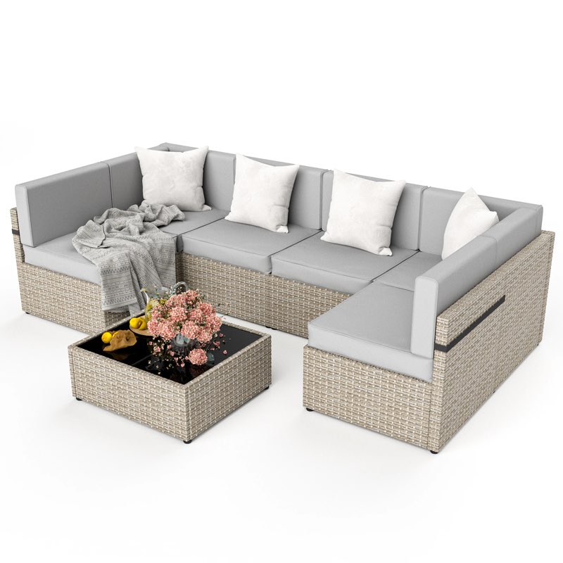 (incomplete) pamapic 7- piece patio conversation set rattan outdoor sectional with gray cushions and iron