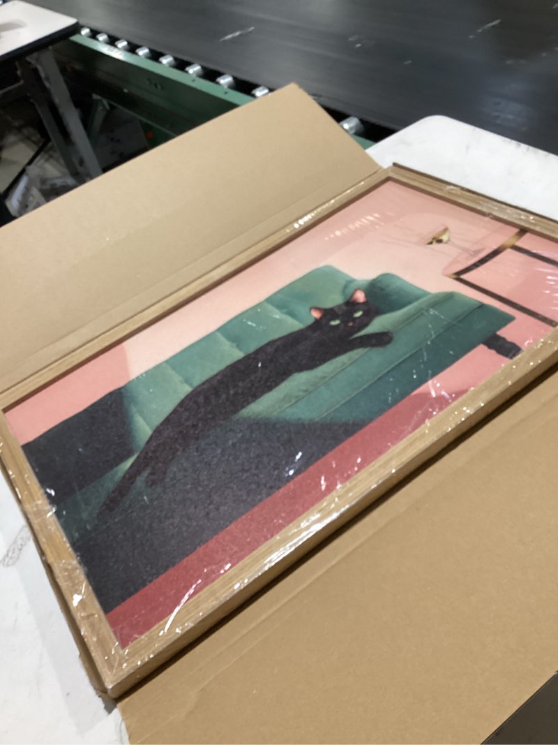 Condition photo showing Good Condition for wood framed black cat wall art modern style canvas print lazy black cat poster picture decoration painting gallery style artwork suitable for living room bedroom decoration 12x16 inch black cat sofa framed 12x16 inch