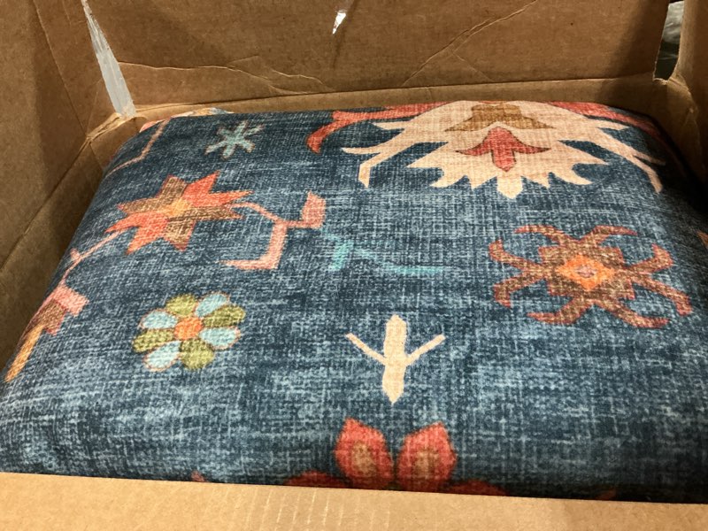 Condition photo showing As Is for washable navy blue living room rug, 8x10 area rug for bedroom, dining room rugs for under table - low pile non-slip rubber backing stain resistant rug - aethestic boho home decor (8x10 navy blue) 8' x 10' (rectangular) blue / terracotta
