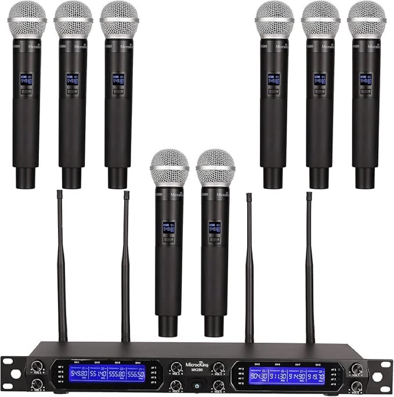 microcking wireless microphone system, 8-channels uhf cordless dynamic handheld mics, long range 400ft, auto connect, ideal for karaoke party wedding speech and outdoor events