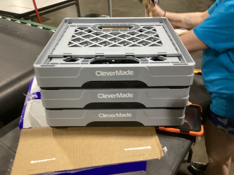 Condition photo showing Good Condition for clevermade collapsible milk crate 25l (6.6 gal) 3 pack, 50 lb capacity heavy duty folding crate – stackable storage crates with file rails, plastic collapsible crates - stone stone 3 pack