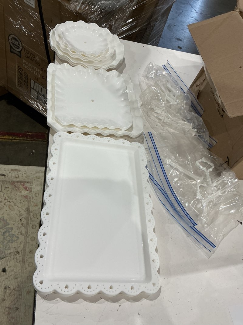 Condition photo showing Good Condition for 10 pack white cake stand set with 3 two-tier, 3 three-tier cupcake stands, and 4 appetizer trays, for birthday and party
