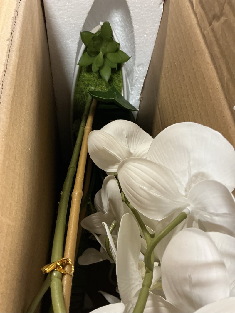 Condition photo showing As Is for briful orchid artificial flowers 18in white fake orchid silk flowers with ceramic pot faux orchid arrangement for home office room coffee table centerpiece modern decoration white#1