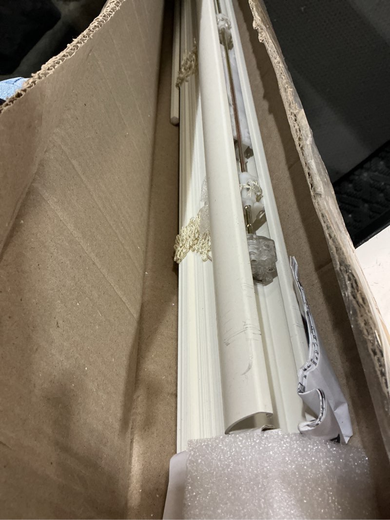 Condition photo showing As Is for 43”x72” cordless vinyl light filtering mini blinds