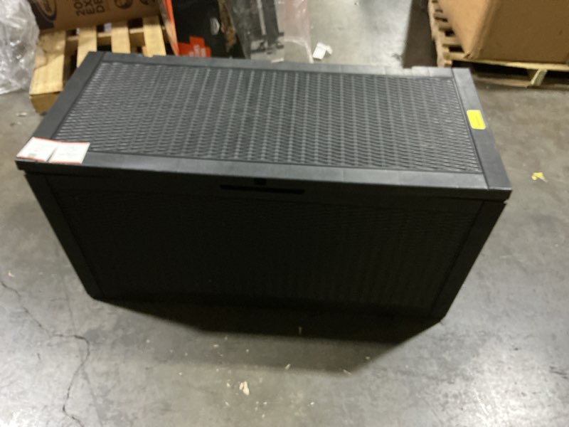 Condition photo showing Good Condition for patiozen 150 gallon resin deck box, lockable patio outdoor storage box for furniture, garden tools and tools storage, waterproof outside storage boxes - black