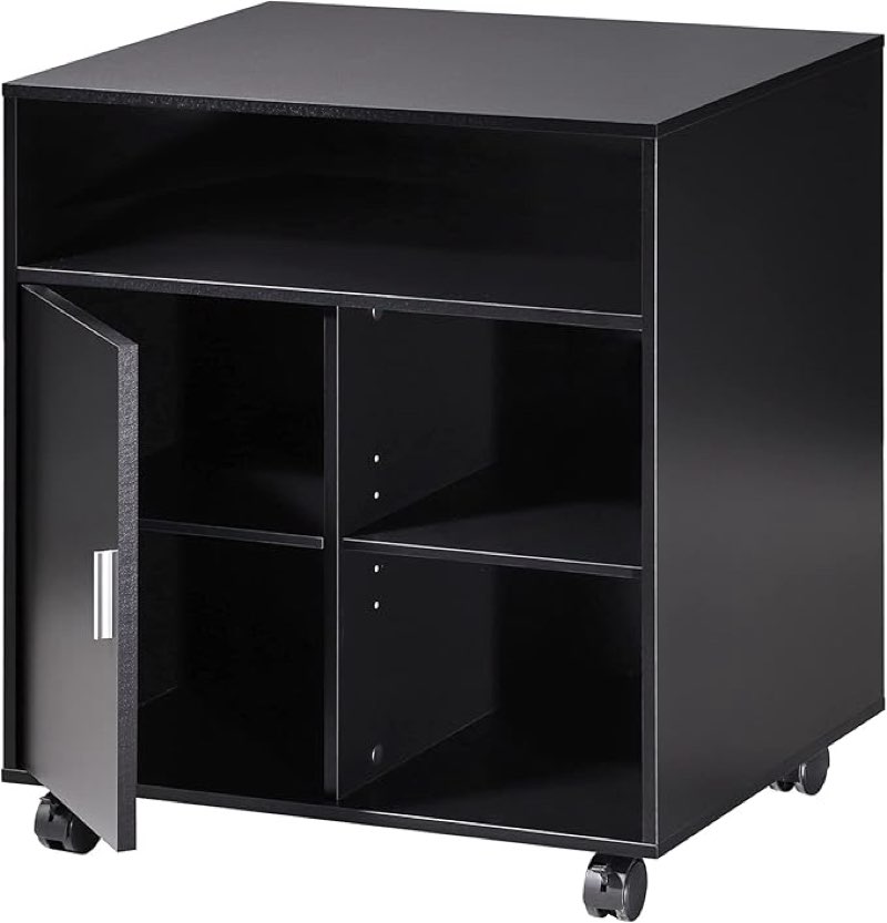 FITUEYES Printer Stand with Storage Adjustable Shelves, Wood Mobile Cart with Door, Rolling File Cabinet on Wheels for Home Office, Black, PS406001WB Visit the FITUEYES Store