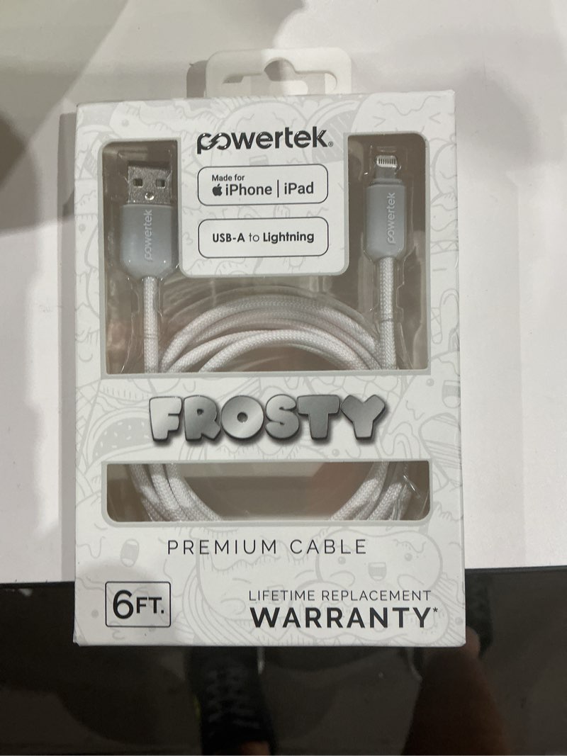 Condition photo showing As Is for powertek frosty mfi certified usb-a to lightning braided charging cable  6 ft  white