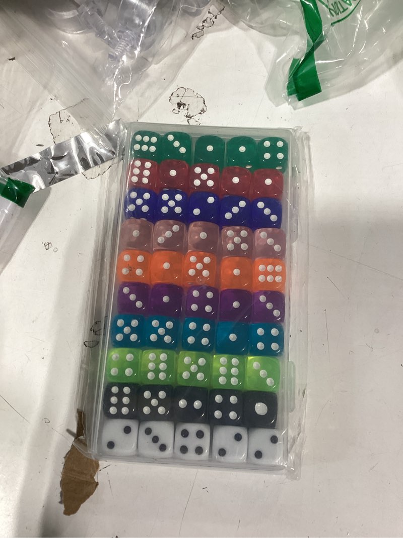 Condition photo showing New/Like New for 50 pieces dice set, translucent 6 sided colored dices for board games, math learning, classroom, parties
