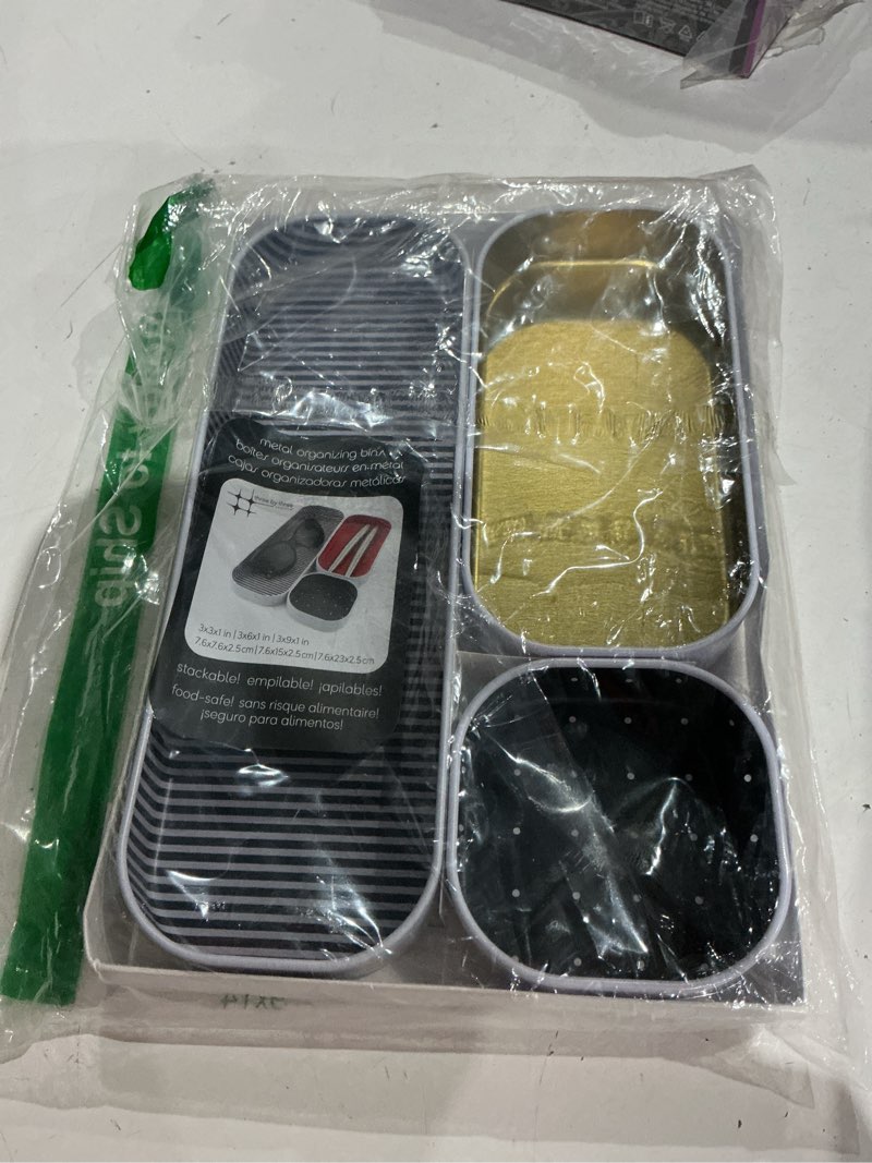 Condition photo showing Good Condition for three by three seattle 3 piece shallow metal organizer tray set for storing makeup, stationery, utensils, and more in office desk, kitchen and bathroom drawers (1 inch, gold dots and stripes)