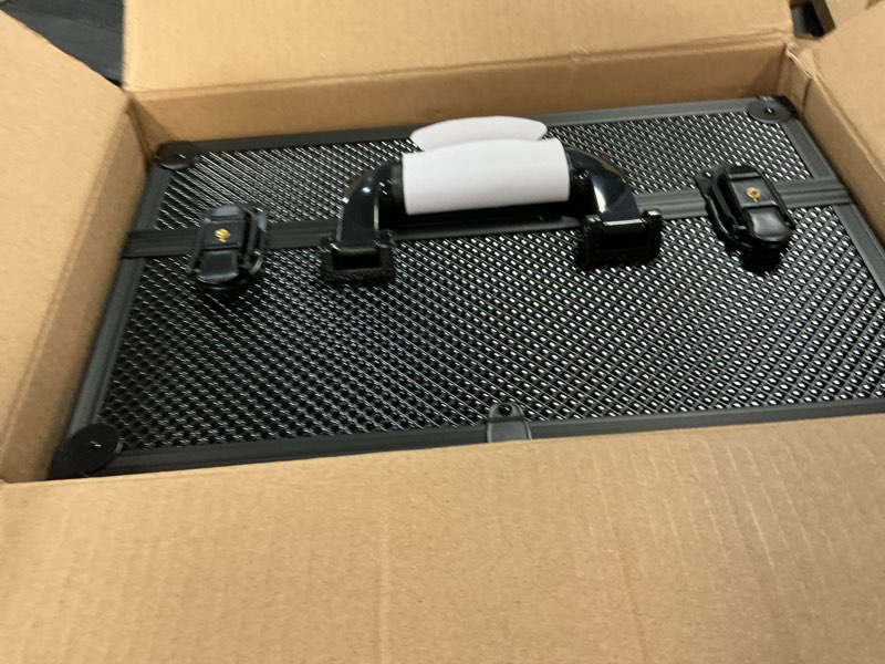 Condition photo showing As Is for Joligrace Makeup Train Case Professional Adjustable - 6 Trays Cosmetic Cases Makeup Storage Organizer Box with Lock and Compartments 14 Inch Large Black