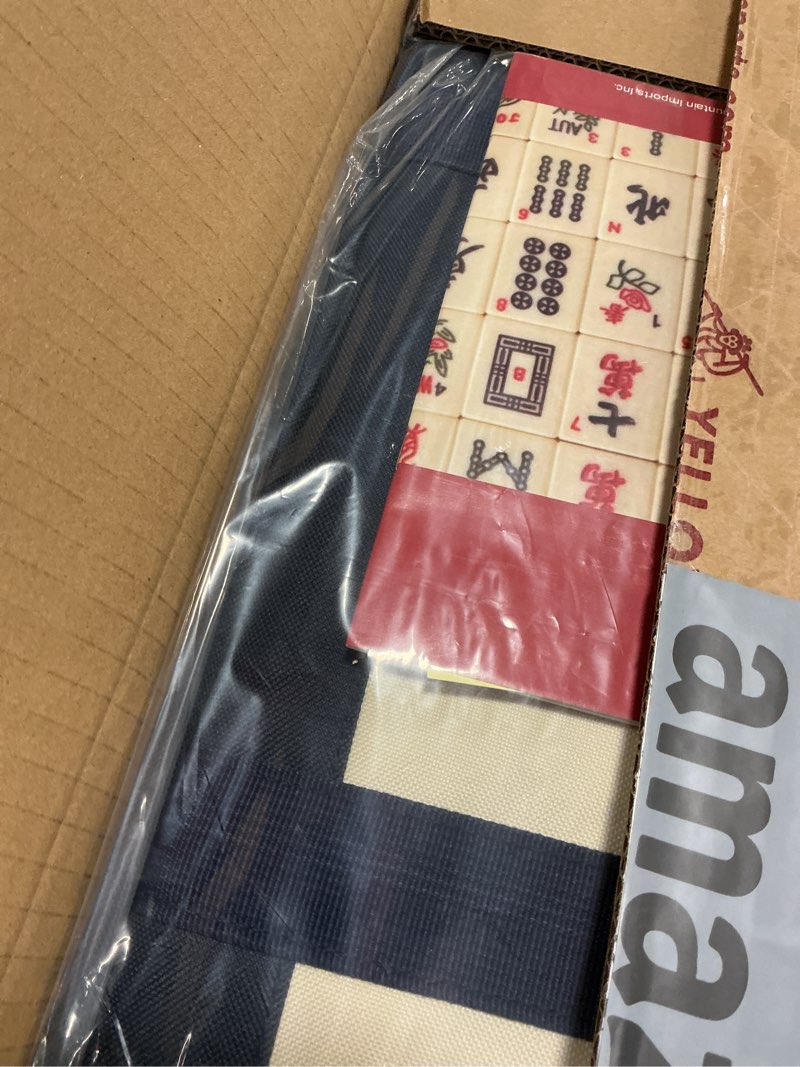Condition photo showing New/Like New for Yellow Mountain Imports American Mahjong Set, Harbor Tide with Beige and Blue Canvas Tote Bag - 4 All-in-One Racks with Pushers, Wright Patterson Scoring Coins, Dice, & Wind Indicator Ivory