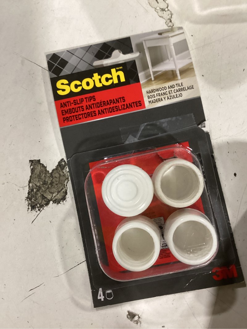 Condition photo showing As Is for scotch 4-pack 7/8 in white rubber chair leg tips