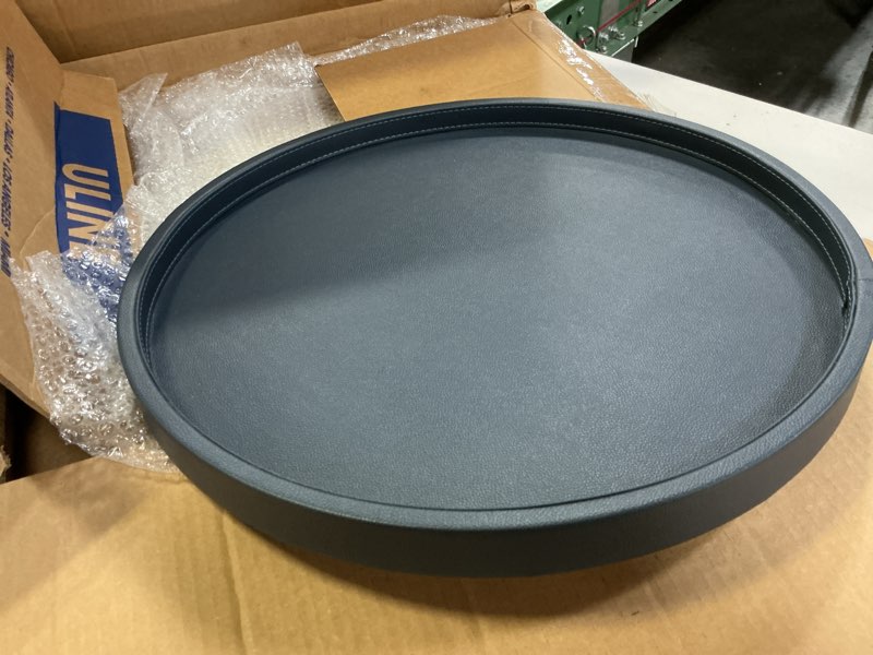 Condition photo showing Good Condition for 20-inch round ottoman serving tray - textured pu leather coffee table decor, waterproof heat-resistant large organizer for home, office, bed & party essentials (navy blue, 20in)